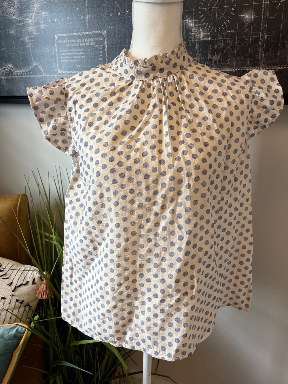 Polka Dot Mock-Neck Flutter Sleeve Blouse - Cream with Blue Dots